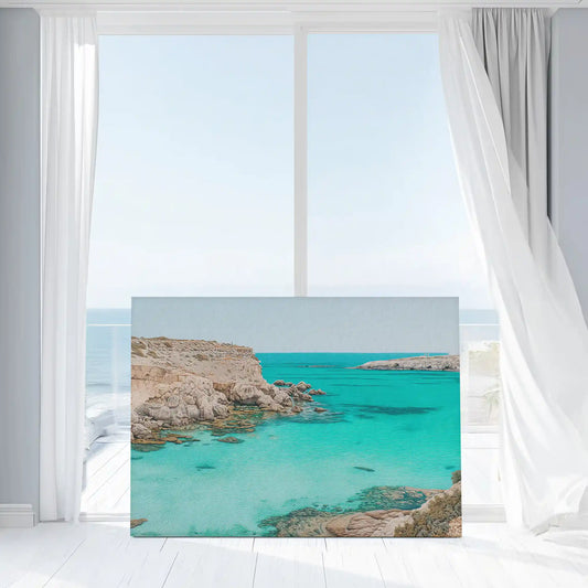 Ocean cliffs and turquoise water — modern canvas wall art, peaceful seascape design perfect for bright coastal interiors.