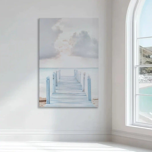 Peaceful seaside boardwalk modern canvas wall art with soft clouds and blue tones for relaxing bedroom decor.