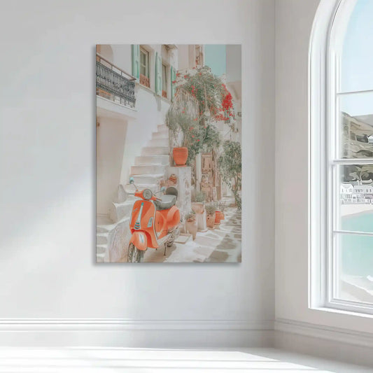 Sunlit coastal alley — coastal canvas print with terracotta and seafoam hues, peaceful wall art for bright bedroom or hallway décor