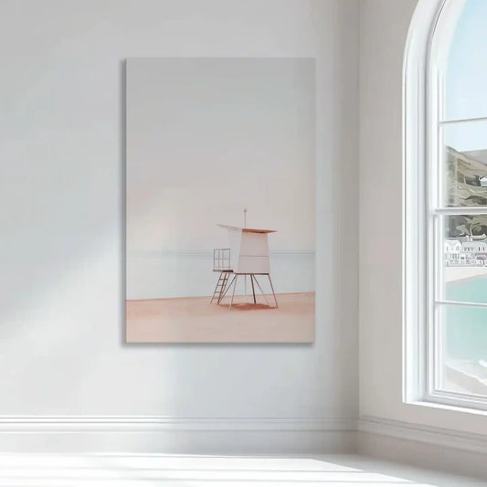 Lifeguard tower at beach — modern canvas wall art, calming coastal aesthetic with warm blush hues for bright contemporary spaces.