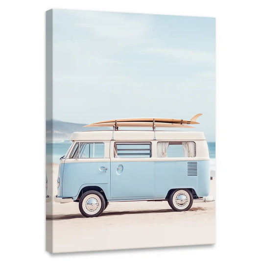Vintage surf van canvas wall art for living room, soft pastel tones and blue sky palette creating a calm coastal retreat vibe.
