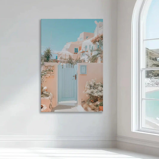 Greek coastal gate scene — large canvas wall art featuring sunlit terraces and flowers, calming décor for bright living room interiors