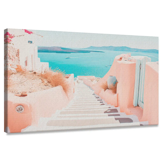 Santorini cliff path — coastal canvas print with coral tones and turquoise sea, peaceful Mediterranean bedroom wall art