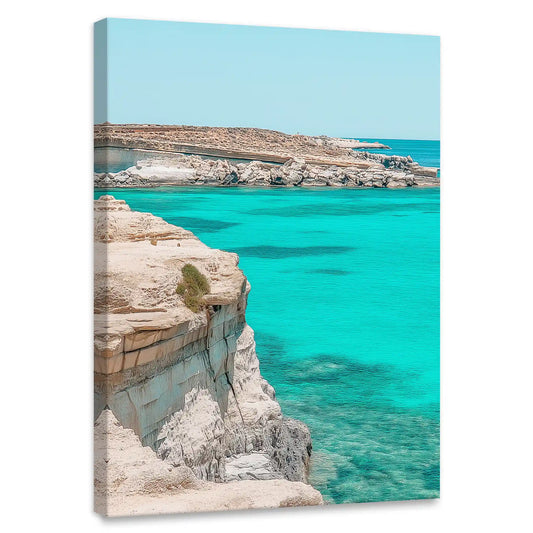 Turquoise cliffs coastal canvas print for living room wall — vibrant aqua tones and rocky shoreline evoke peaceful energy.