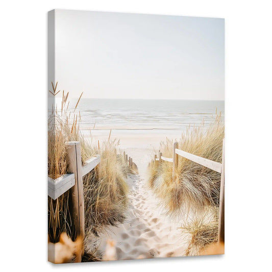 Beach dune path — large canvas wall art with soft sand tones and ocean view, calming coastal décor perfect for serene living room interiors.