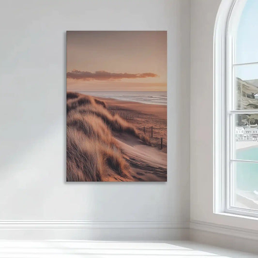 Soft beach sunset — large canvas wall art with golden tones and sandy texture, peaceful coastal artwork for serene bedroom interiors