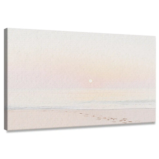 Pastel beach sunrise — coastal canvas print with soft blush tones, perfect bedroom wall art for peaceful seaside décor