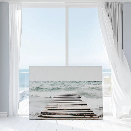 Tranquil dock over foaming waves — large canvas wall art with beige and gray palette ideal for beach-inspired bedrooms