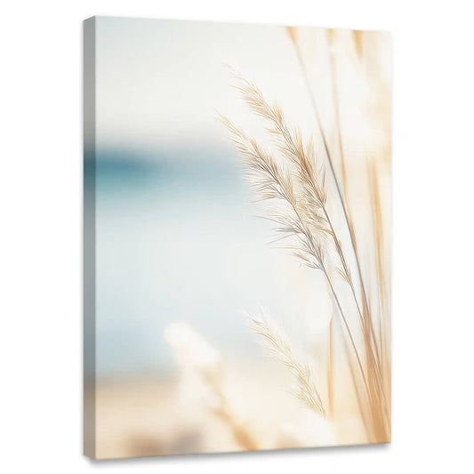 Golden beach grass — large canvas wall art in soft beige and blue tones, calming coastal décor perfect for serene modern living rooms.
