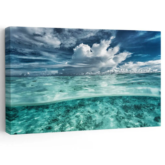 Blue ocean wave canvas wall art for living room—crystal clear water and bright sky reflections bring modern coastal tranquility
