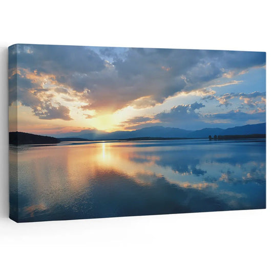 Peaceful ocean sunset — coastal canvas print for living room or bedroom decor, blending golden light and soft reflections