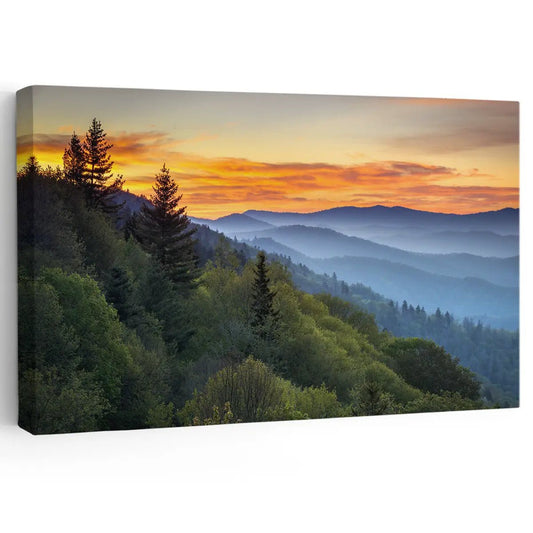 Sunset mountains canvas wall art for living room décor, bringing a peaceful warm-hued landscape that creates a calming and inviting atmosphere