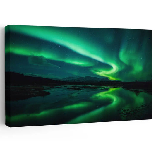 Northern lights over a calm lagoon canvas wall art for living room spaces, bringing a peaceful emerald glow to enhance modern home decor.