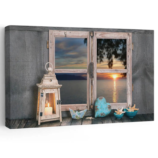 Beach window view — coastal canvas print with rustic shutters and lantern glow, perfect bedroom wall art for serene interiors