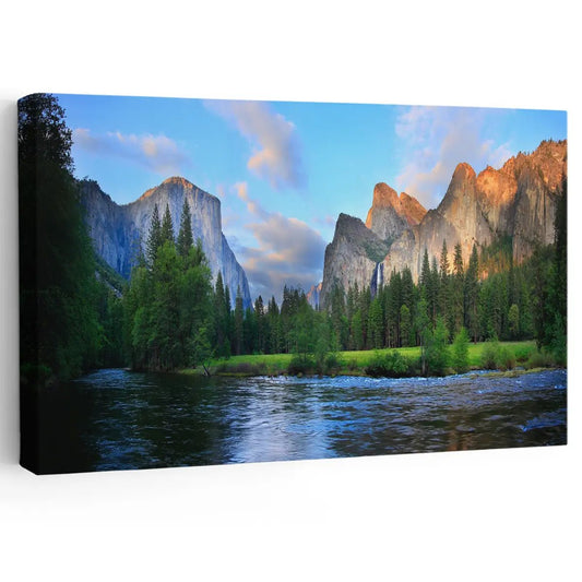 Yosemite valley mountain landscape canvas wall art for creating a peaceful living room retreat with soft blue sky tones and calming river reflections