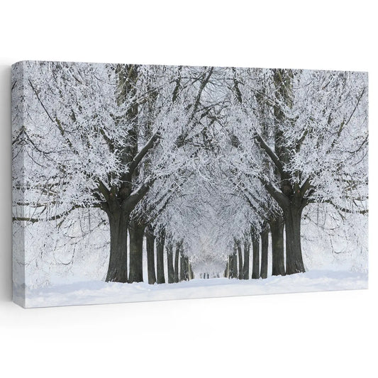 Winter tree path canvas wall art for a peaceful living room, adding calming snowy tones and minimalist seasonal décor