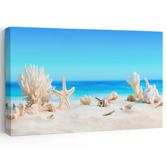 Beach dunes and seashells — coastal canvas wall art in light sand tones, peaceful beach decor for modern living room interiors
