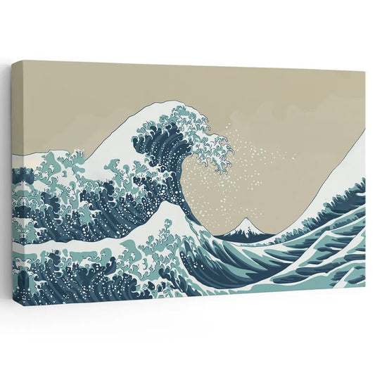 Japanese Great Wave — coastal canvas wall art in deep blue tones, modern ocean design for living room wall decor or nautical interiors