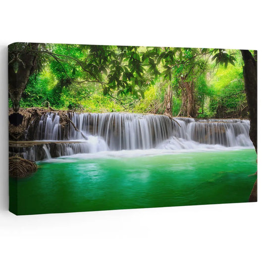 Erawan waterfall glowing over an emerald pool, canvas wall art for a calming living room display that enhances peaceful home decor.