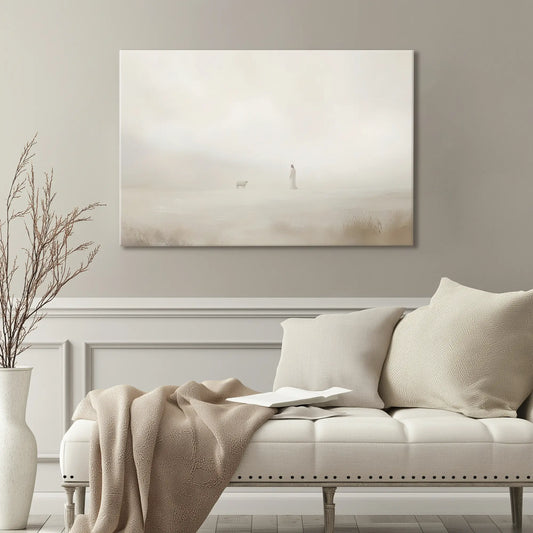 Large Jesus wall art canvas – minimalist Christian decor featuring the lost sheep, ideal for living rooms, hallways, or peaceful reading corners