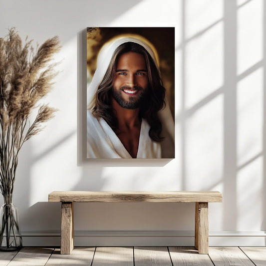 Smiling Jesus canvas print, framed Christian artwork, inspirational Christian wall art, religious artwork prints