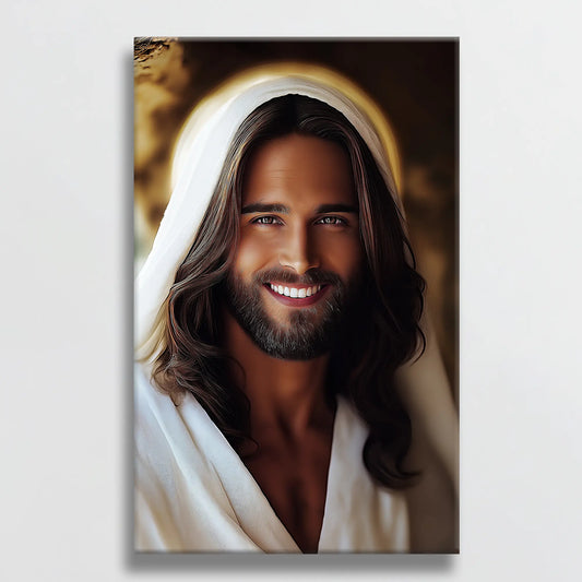 Jesus smiling painting on canvas, Christian framed art, framed religious wall art, faith canvas print.