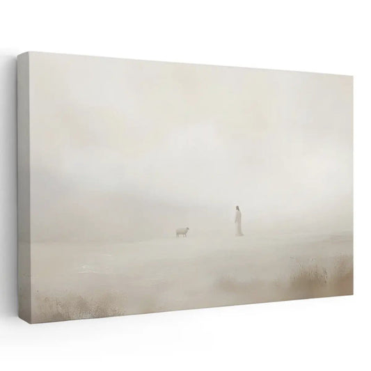 Jesus leaves the 99 painting – modern Christian wall art for bedroom or prayer space, soft neutral tones inspired by the parable of the lost sheep