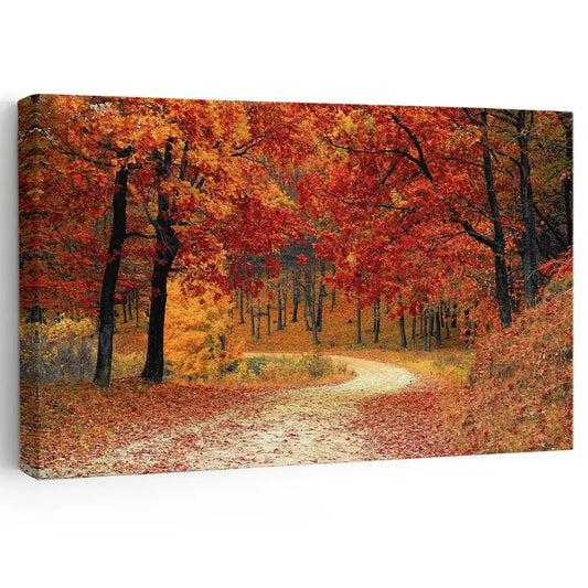 Autumn forest trail with golden foliage canvas wall art for creating a calming living room atmosphere with warm seasonal tones and rustic charm