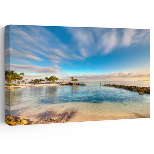 Bahamas tropical beach — coastal canvas wall art with palm trees and turquoise waters, peaceful large wall decor for living room design