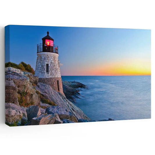 Lighthouse at sunset — large canvas wall art with glowing sky and rugged cliffs, inspiring coastal décor for modern living room