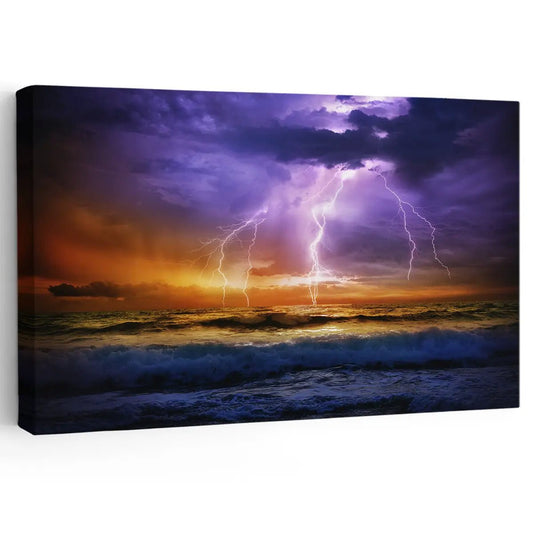 Lightning storm over ocean — large canvas wall art with dramatic purples and oranges, bold coastal décor for modern living room style