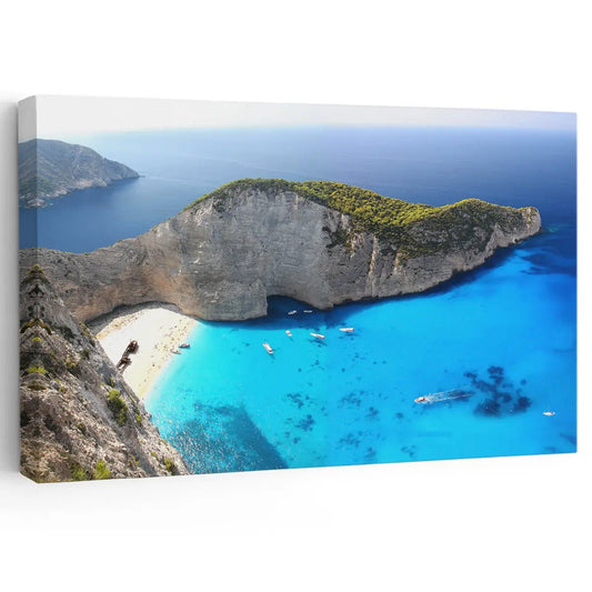 Navagio Beach aerial view — large canvas wall art with turquoise water and cliffs, relaxing coastal décor for living room interiors