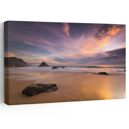 Sunset ocean seascape — large canvas wall art with glowing sky and calm waves, peaceful coastal décor for modern living room design