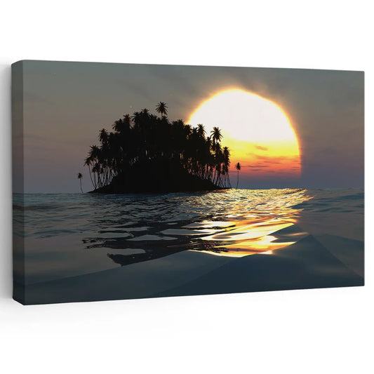 Tropical island sunset coastal canvas print for living room wall — warm ocean reflection evokes peace and relaxation.