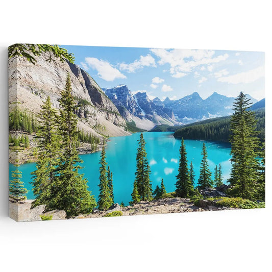 Turquoise mountain lake with snowy peaks canvas wall art for creating a calming living room atmosphere with vibrant blue tones and natural serenity