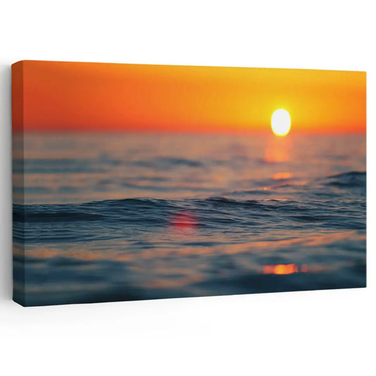 Ocean sunset — large canvas wall art with glowing orange sky and gentle waves, peaceful seascape décor for modern living room walls