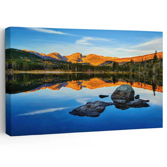 Golden sunset mountain reflection canvas wall art for living room décor, adding a calming natural atmosphere with warm evening tones