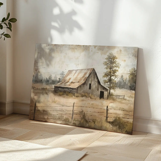 Rustic Farmhouse Wall Art Canvas featuring a charming old farmhouse surrounded by lush greenery.