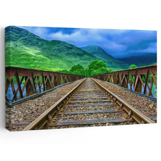 Mountain railway bridge canvas wall art for a bold living room wall art accent, adding rustic adventure energy to modern home décor