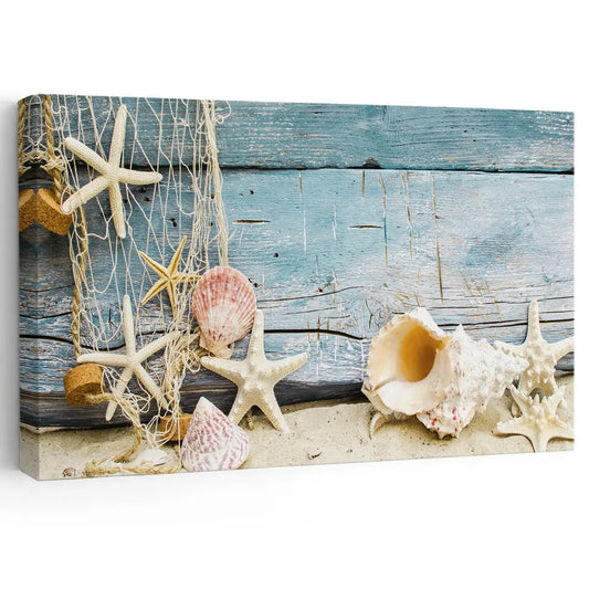 Seashells and starfish — coastal canvas wall art in rustic blue tones, relaxing beach decor for modern farmhouse living rooms