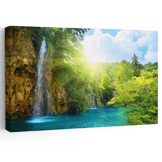 Tropical forest waterfall canvas wall art for a peaceful living room, featuring bright greenery and turquoise water to create a calming natural vibe