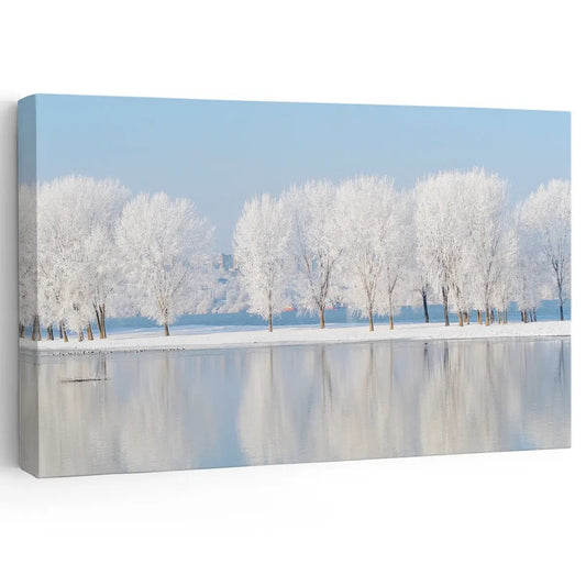 Snowy forest panorama canvas wall art for living room décor, creating a peaceful winter mood perfect for calming modern spaces