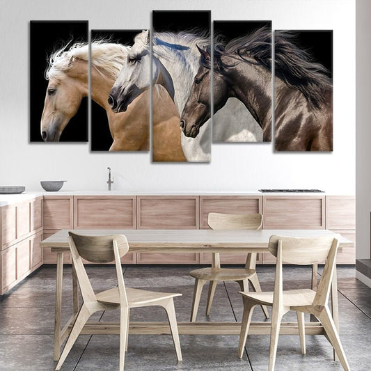Trio of horses in motion — large canvas wall art with earthy tones, perfect for rustic farmhouse or Western-style decor.