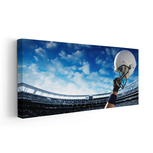 Gridiron helmet against bright blue sky — large canvas wall art perfect for a modern office seeking uplifting sports-themed wall décor