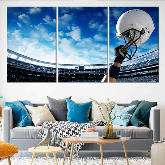 Football helmet raised toward the stadium sky — canvas wall art for living room décor, creating an inspiring game-day atmosphere for fans