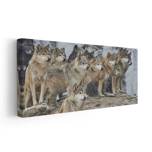 Majestic wolves — modern canvas wall art with natural brown and gray tones, ideal for cabin or contemporary home décor.