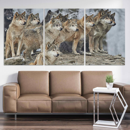 Wolf pack — large canvas wall art for living room, showcasing unity and wilderness strength in earthy modern rustic design.