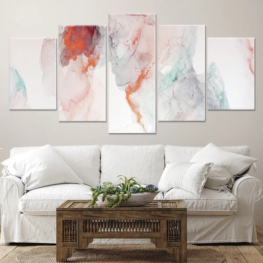 Ethereal color swirls — modern canvas wall art, soft coral and mint tones creating a calming atmosphere for elegant living rooms.