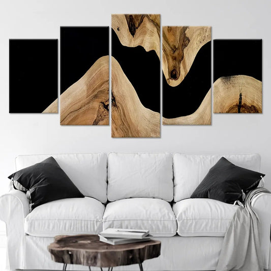 Wooden wave abstract pattern — elegant canvas wall art for living room décor, blending natural wood tones with black contrast.
