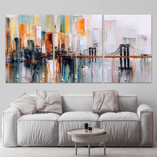 Abstract Brooklyn Bridge — modern canvas wall art with orange and blue tones, inspiring and artistic accent for living room decor